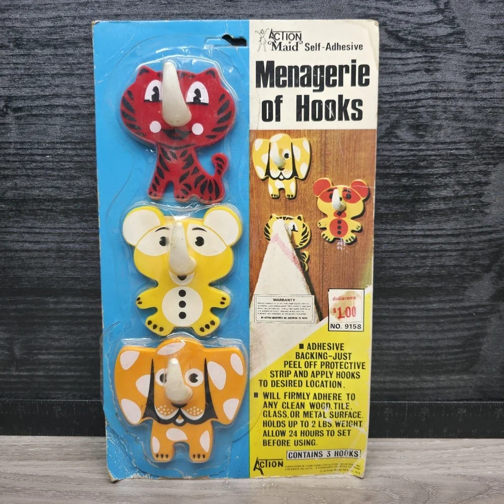 Vintage 1978 Action Maid Animal Self Adhesive Hooks Elephant Tiger Bear Set 3